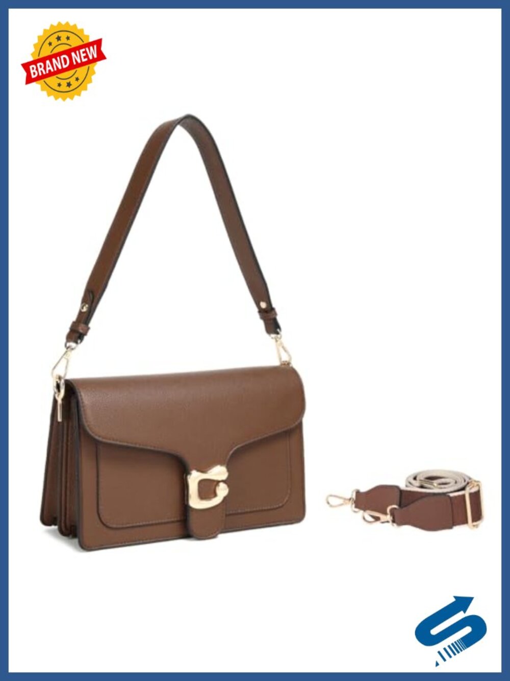 Faux Leather Crossbody Bag with 2 Straps, Shoulder Purse